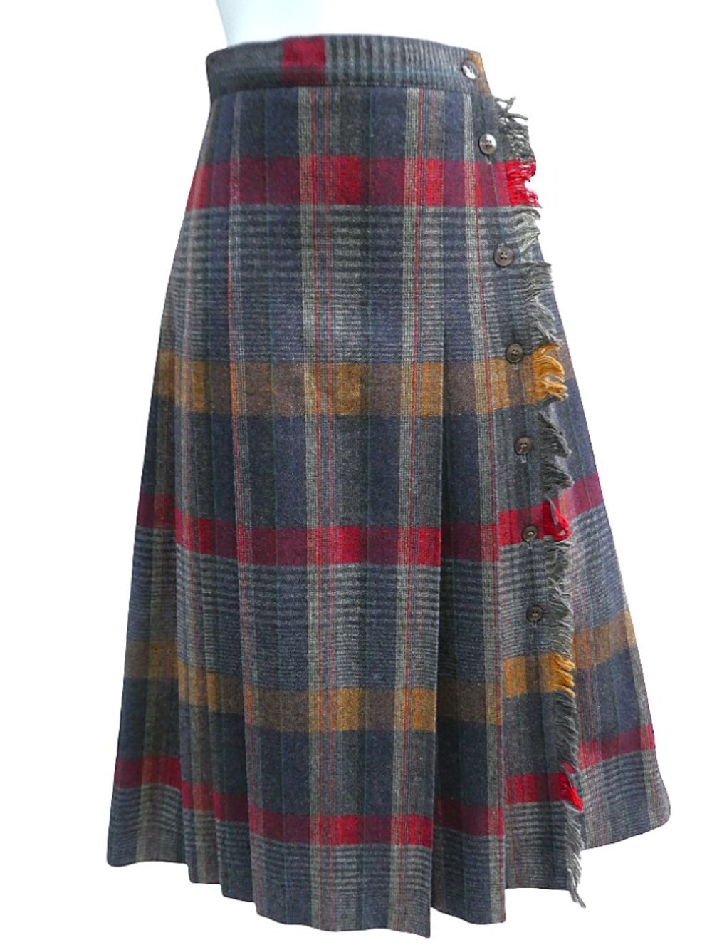 Vintage 60s Panther USA Pleated Midi Skirt Tartan Plaid WooL Blend Fringed Edge